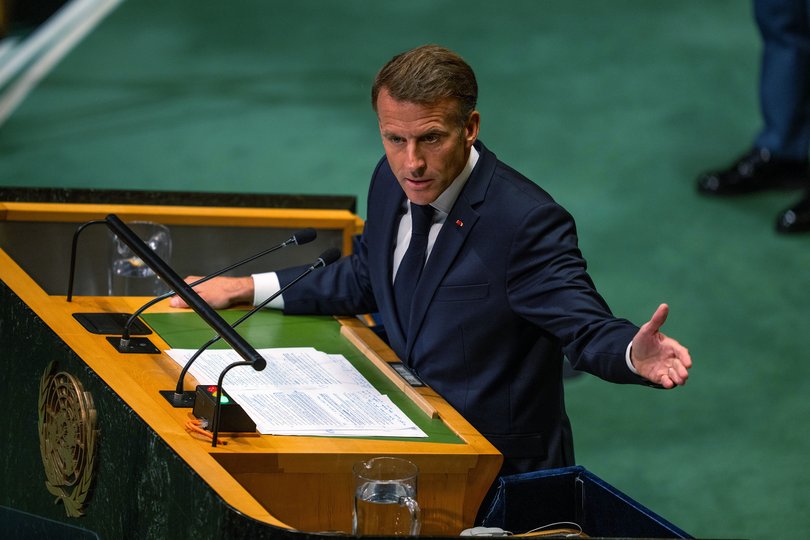 President Emmanuel Macron of France speaks during the 81st session of the United Nations General Assembly at the UN headquarters on Tuesday, Sept. 22, 2026. (Lexi Parra/The New York Times)