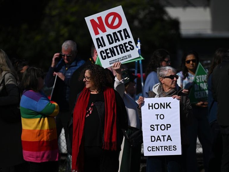 Community concerns about data centres are ramping up, as a protest in Melbourne on Wednesday shows. (James Ross/AAP PHOTOS)
