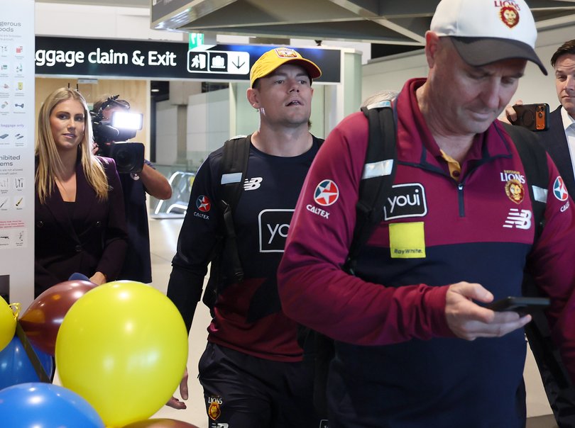 Lachie Neale flew to Melbourne with teammates on Wednesday.