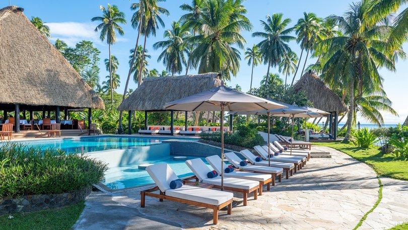 One of the resort’s waterfront pools overlooking Savusavu Bay.