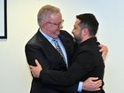 Prime Minister Anthony Albanese and Ukrainian President Volodymyr Zelenskiy hugged upon meeting. (Mick Tsikas/AAP PHOTOS)