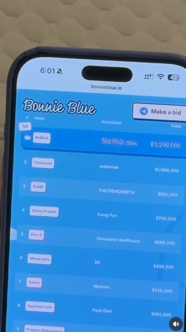 List of highest bids to name Bonnie Blue's alleged baby.