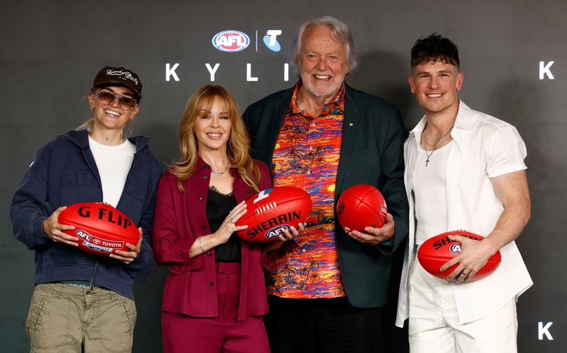 (L-R) G Flip, Kylie Minogue, Mike Brady and Michael Paynter pose during the 2026 AFL Grand Final Entertainment Media Opportunity.