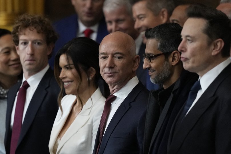 Tech bros Mark Zuckerberg, Jeff Bezos, Sundar Pichai and Elon Musk at Donald Trump’s second inauguration. (Photo by Julia Demaree Nikhinson / POOL / AFP)