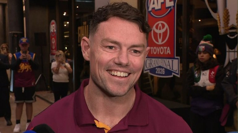 Lachie Neale speaks outside the Brisbane team hotel after being cleared for the grand final.