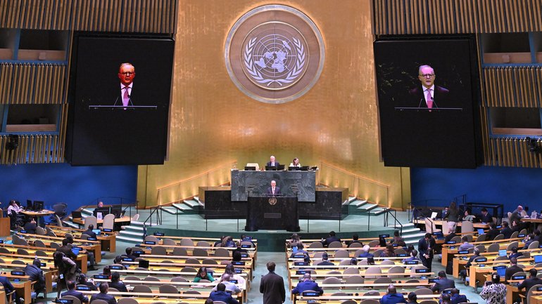 Prime Minister Anthony Albanese speaks at the UN General Assembly in New York.
