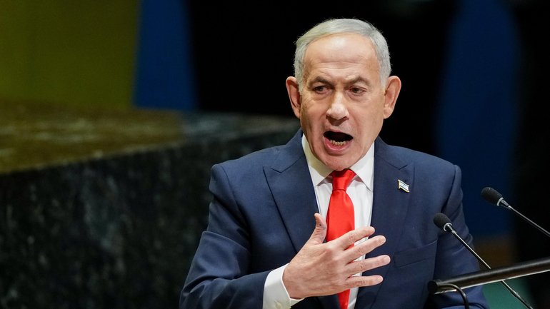 Benjamin Netanyahu speaks to the UN General Assembly.