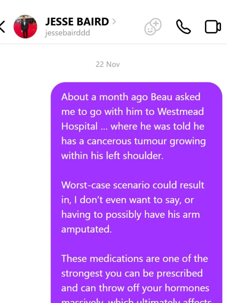 A mockup of the Instagram message Mr Lamarre-Condon sent to Mr Baird. Picture: Supplied.