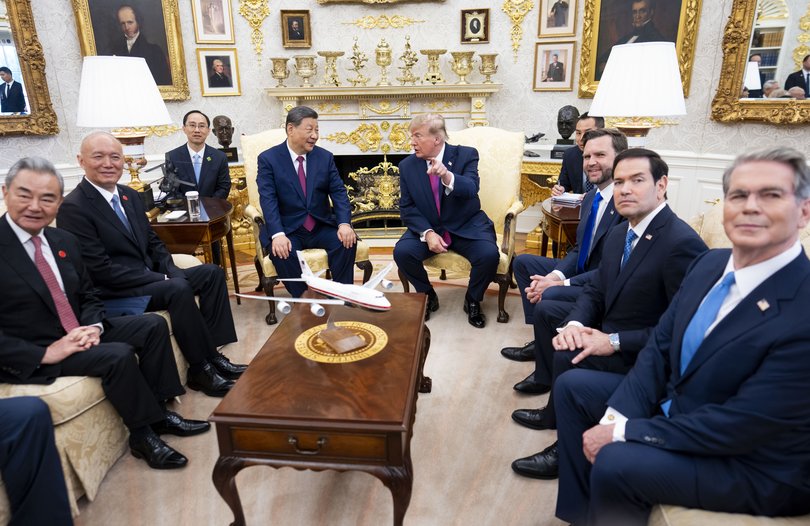 President Donald Trump and President Xi Jinping meet in the Oval Office.