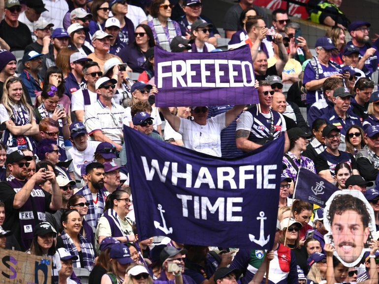 Dockers supporters during a captain's run training session at the Melbourne Cricket Ground in Melbourne.