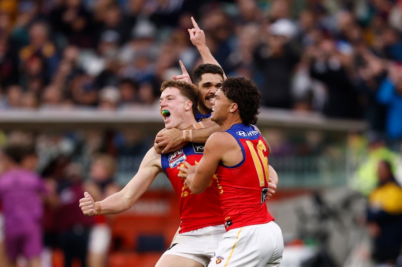 Logan Morris celebrates one of his two late goals.