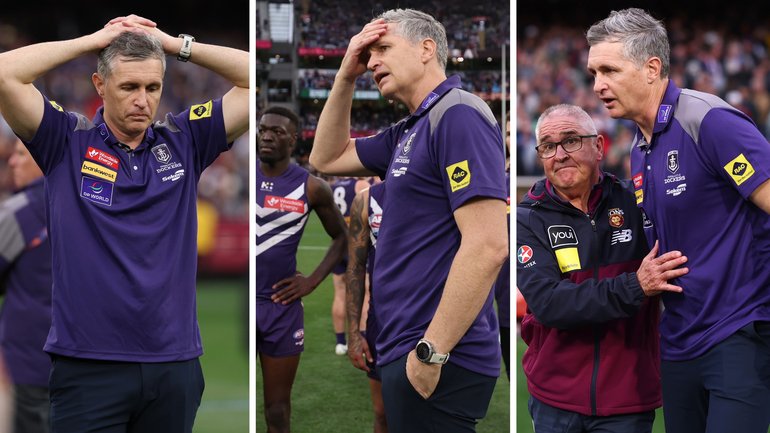 Justin Longmuir reacts to Freo's loss in the immediate aftermath of the final siren.