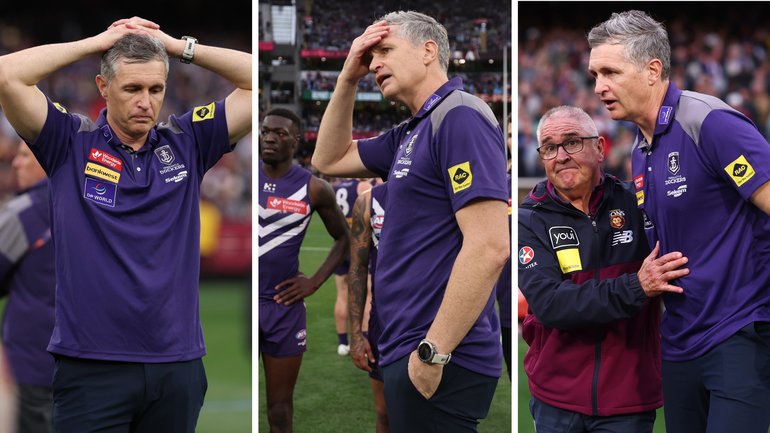 Justin Longmuir reacts to Freo's loss in the immediate aftermath of the final siren.