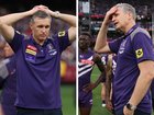 Justin Longmuir reacts to Freo's loss in the immediate aftermath of the final siren.