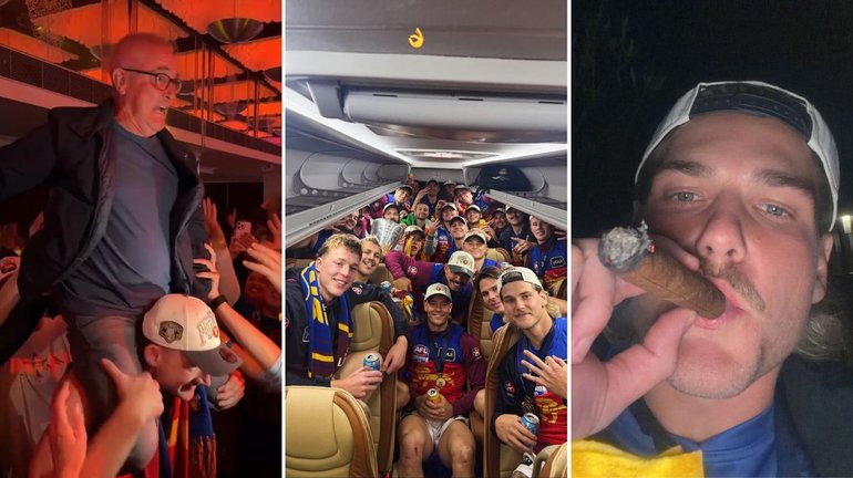 Brisbane celebrate after the securing the historic three-peat. 