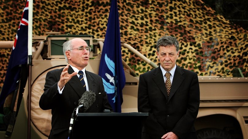 Then Prime Minister John Howard and Defence Minister Robert Hill at SAS headquarters in Perth, announcing the dispatch of special forces soldiers to Afghanistan in 2005.
