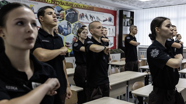 Cadets chant “Glory to Ukraine” at a government boarding school in Ukraine set up to funnel teens into the security services. 