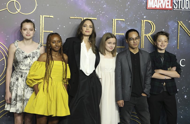 Angelina Jolie’s children Shiloh, Zahara, Vivienne, Maddox and Knox show their support at the premiere of her film Eternals in 2021.