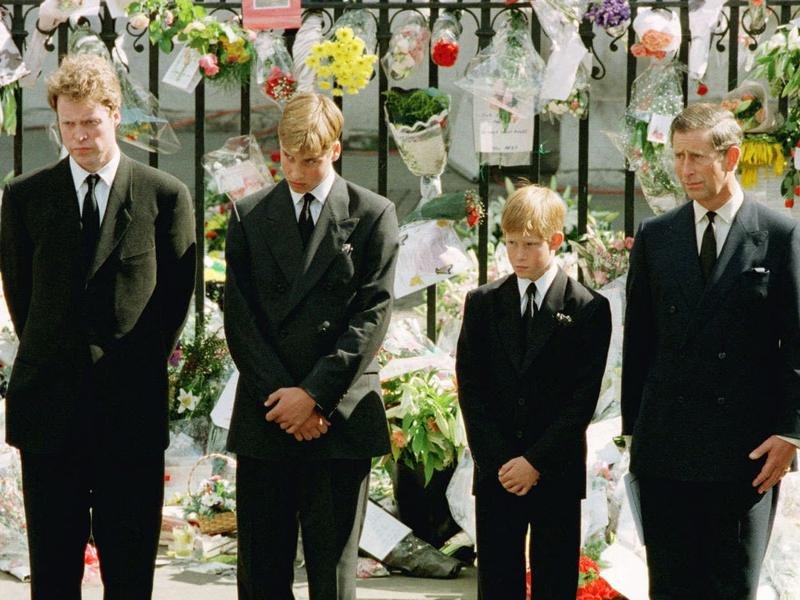 Charles Spencer, Prince William, Prince Harry and King Charles at Diana’s funeral.