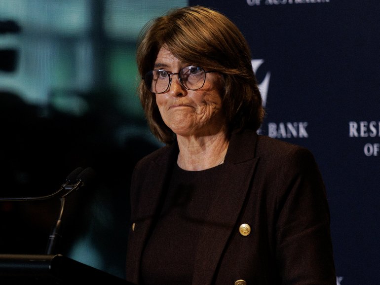 Reserve Bank Governor Michele Bullock addresses the media following the announcement that the RBA will increase interest rates to 4.6 per cent. 