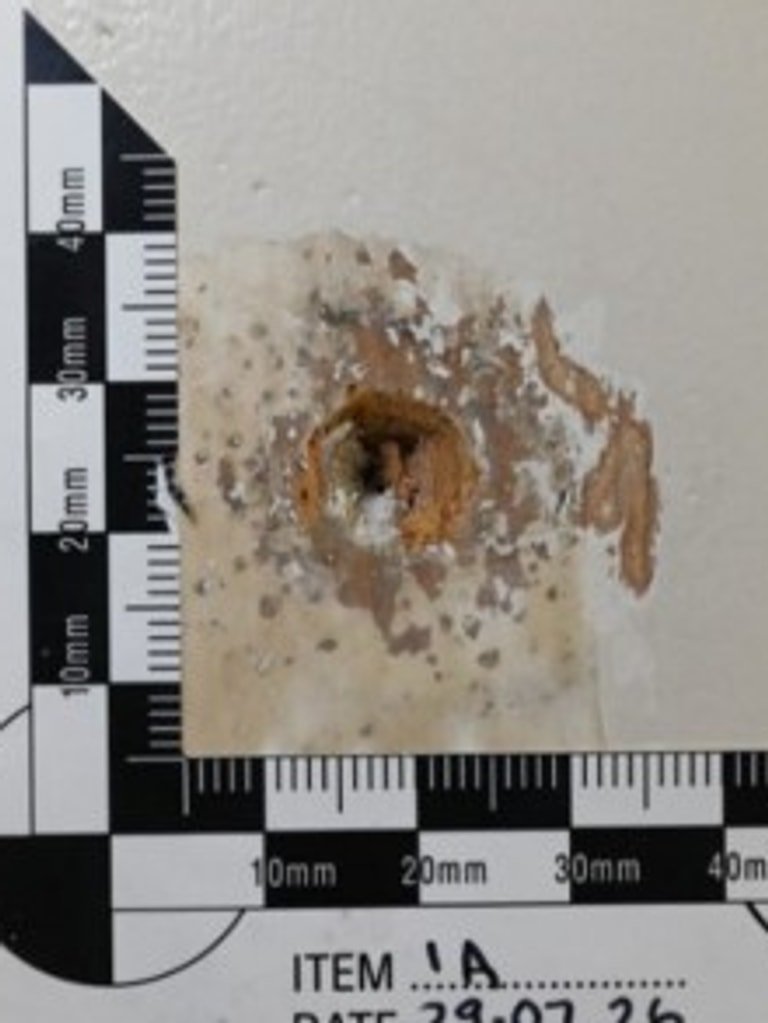 A photo of the door taken in July 2026 after the hook, paint and putty were removed.