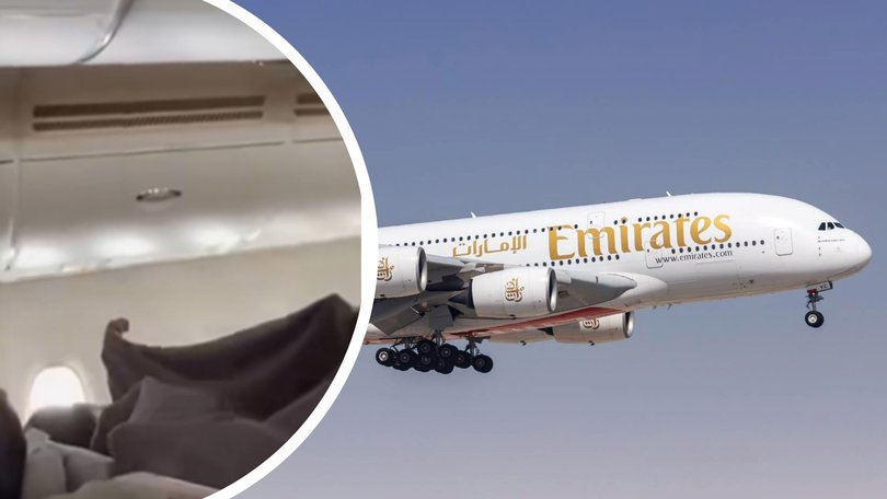 Footage has emerged of a nightmare unfolding on board a packed Emirates flight after water began pouring from the ceiling.