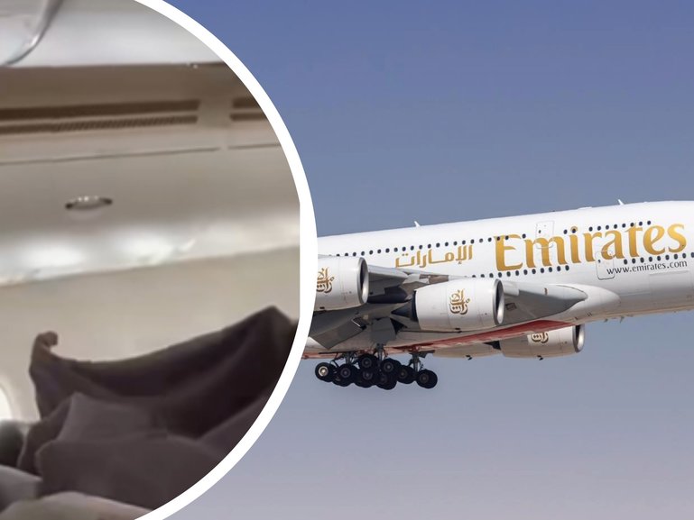 Footage has emerged of a nightmare unfolding on board a packed Emirates flight after water began pouring from the ceiling.