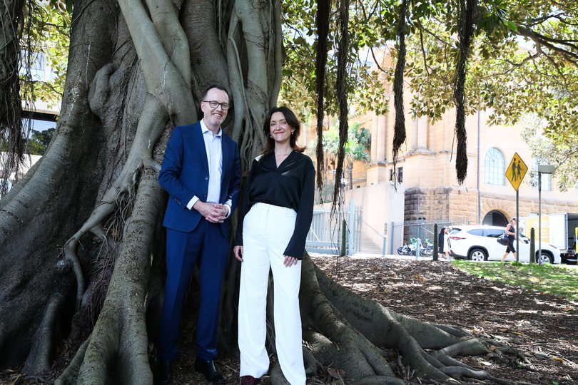 David Shoebridge and New Deputy Greens Leader Steph Hodgins-May pose for a photo at the Tree of Knowledge outside NSW State Parliament House in Sydney.