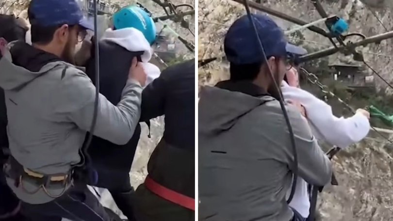 Video has captured the horrifying moment bungee staff kicked a woman’s legs out from under her while she was screaming and pleading not to jump 260ft into a rocky canyon.