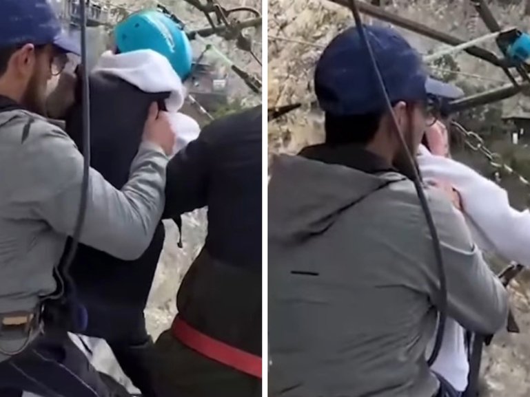 Video has captured the horrifying moment bungee staff kicked a woman’s legs out from under her while she was screaming and pleading not to jump 260ft into a rocky canyon.