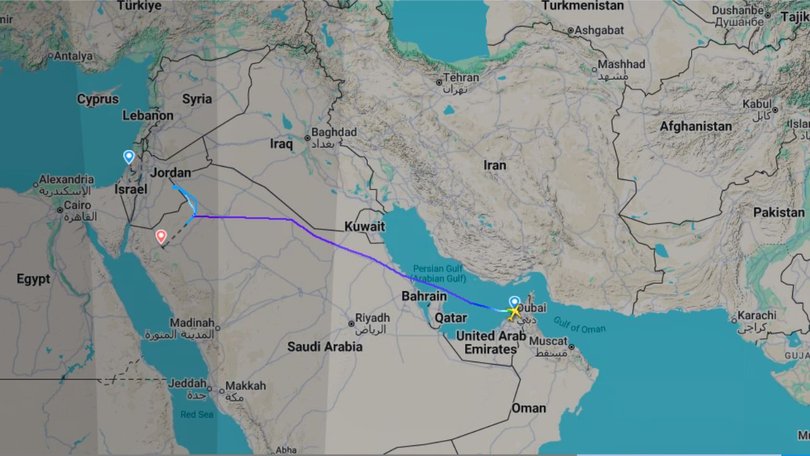 Flight tracking data shows Flydubai flight FZ1073 diverting to Tabuk, Saudi Arabia, after transmitting emergency signals.