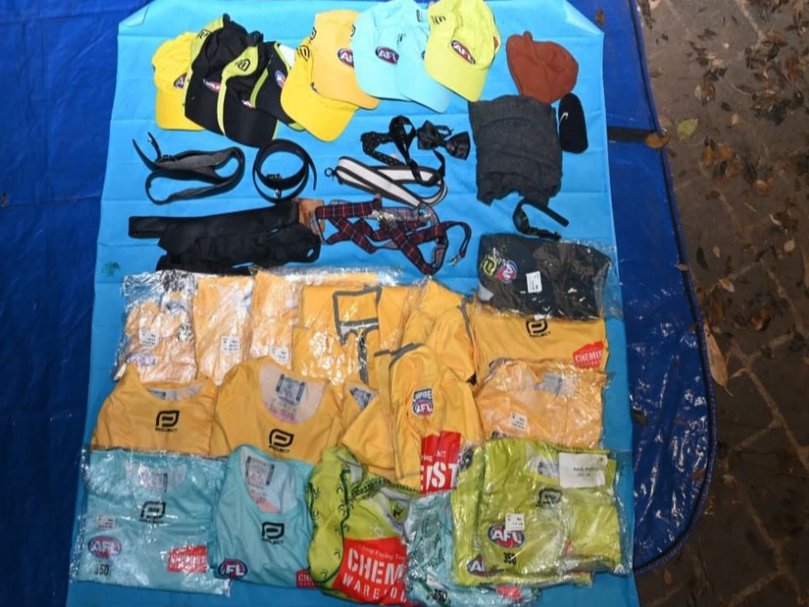 A series of AFL merchandise found in the skip bin. Picture: NewsWire Handout