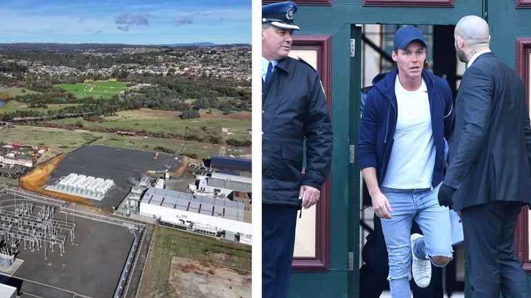 Firmus is developing an AI factory zone in Tasmania, left, and Firmus current co-CEO Oliver Curtis during his release from prison in 2017.