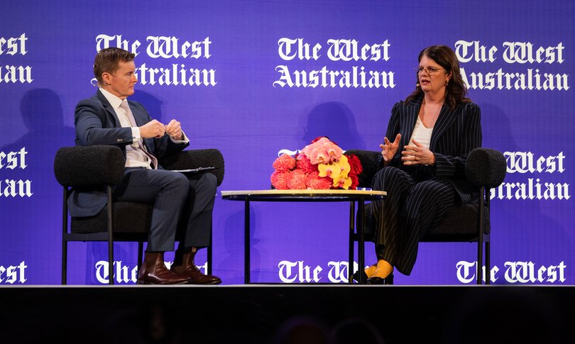 Woodside Energy boss Liz Westcott in conversation with Ben Harvey at Crown Perth on Thursday.