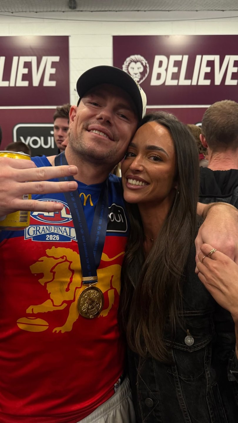 Lachie Neale and new girlfriend Emma Field celebrating together after the Brisbane Lions’ AFL Grand Final victory.