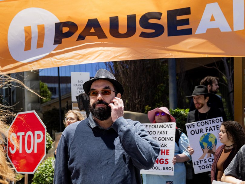 Eliezer Yudkowsky during a protest outside Open AI headquarters offices in San Francisco in July.