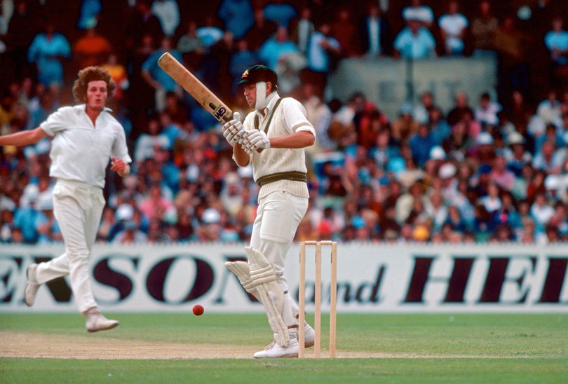 Rick McCosker of Australia, batting with the bandaged broken jaw which he suffered in the first innings, in the second innings of the Centenary Test match between Australia and England at the MCG, 14th March 1977.