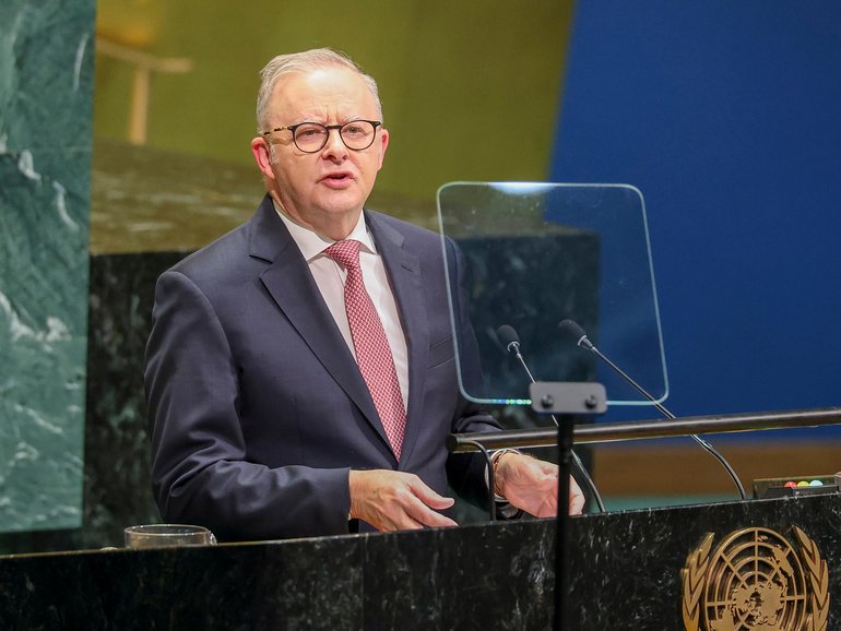 epa13261314 Prime Minister of Australia Anthony Albanese speaks during the General Debate of the 81st session of the United Nations General Assembly at United Nations Headquarters in New York, New York, USA, 24 September 2026. EPA/SARAH YENESEL SARAH YENESEL