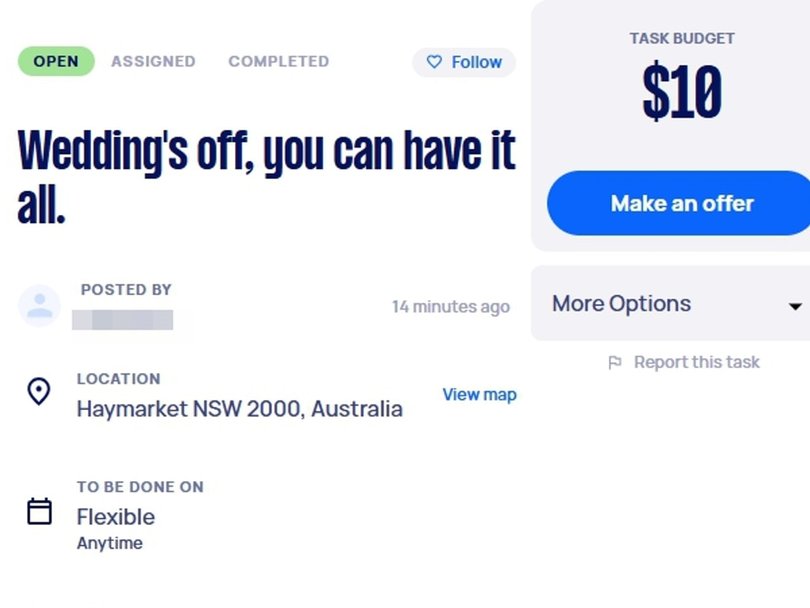 The 23-year-old has since put the entire day up on Airtasker, complete with vendors. Picture: Airtasker