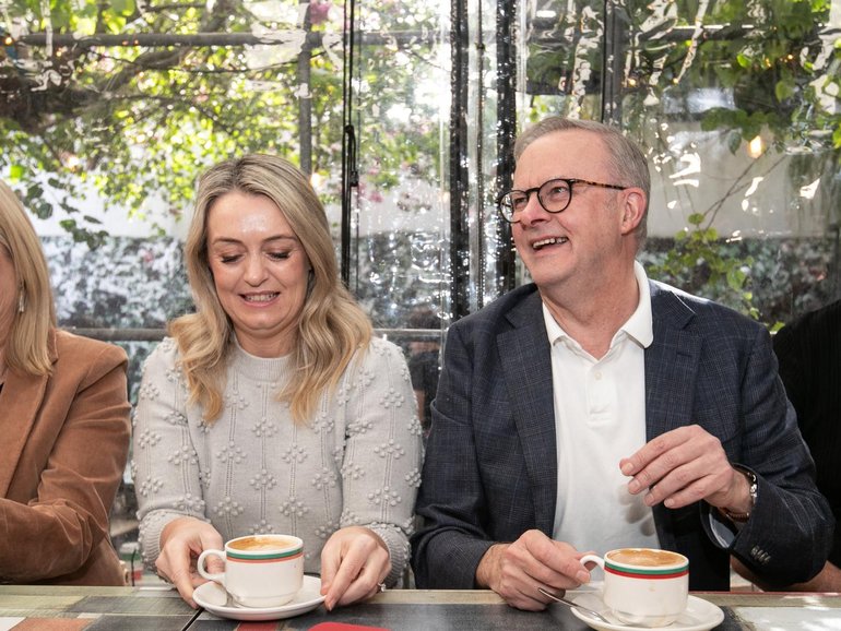 Prime Minister Anthony Albanese and his now wife Jodie Haydon at a coffee shop in his electorate after the last election. 