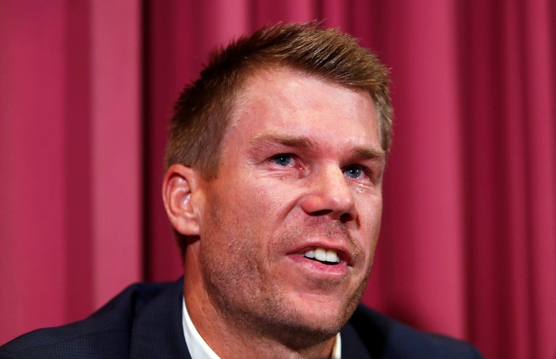 Former Australian cricket vice captain David Warner cries as he talks to the media in Sydney, Saturday, March 31, 2018, after being sent home from South Africa following a ball tampering scandal. Warner and captain Steve Smith were banned for 12 months while young batsman Cameron Bancroft received 9 months after an investigation into the Australian cricket team's cheating scandal identified Warner as the instigator of the ball tampering plan that unraveled in South Africa. (AP Photo/Daniel Munoz)