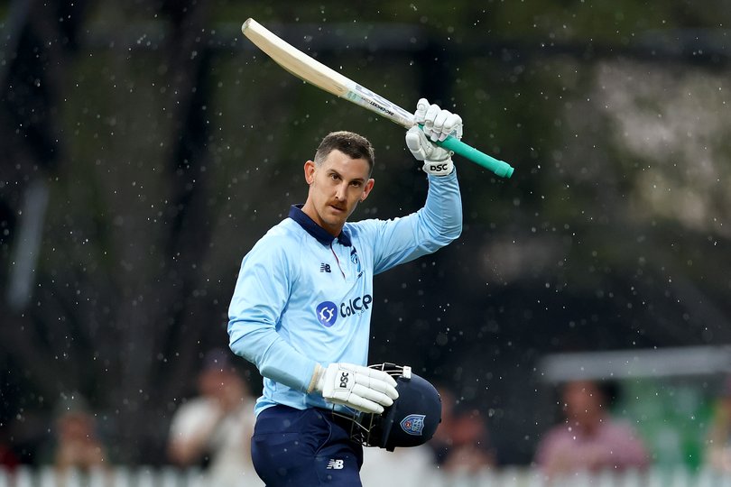 Nic Maddinson of New South Wales celebrates making a century during the One Day Cup match between Victoria and New South Wales.