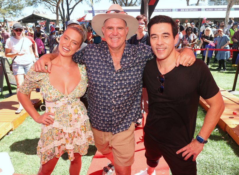Grace Hayden with father Matthew Hayden and Home and Away star James Stewart at the Mandurah Crabfest.