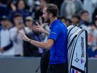 Daniil Medvedev leaves the court in Beijing after being disqualified against Novak Djokovic. (AP PHOTO)