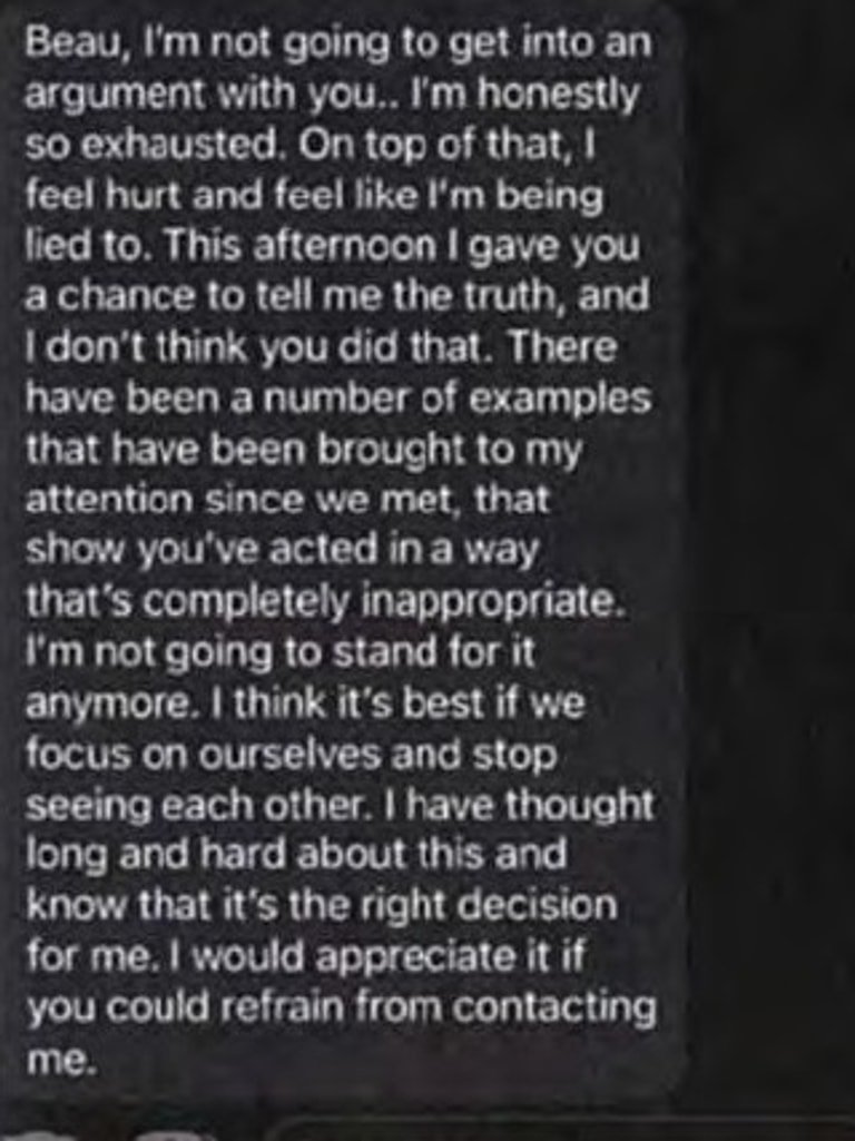 A screenshot of Jesse Baird breaking up with Beau Lamarre-Condon in November 2023. Picture: Court exhibit of screenshot sent from Mr Lamarre-Condon to a friend.