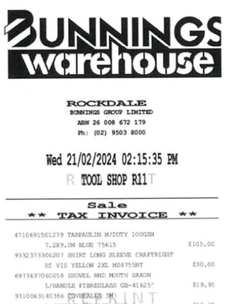 Beau Lamarre-Condon's receipts from bunnings in the days after the couple's deaths. Picture: Court exhibit.