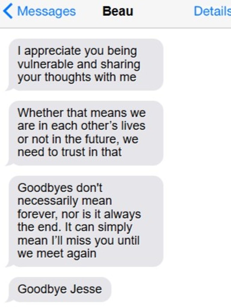 Beau Lamarre-Condon’s text to Jesse Baird after their break up in April 2023. Picture: Supplied.