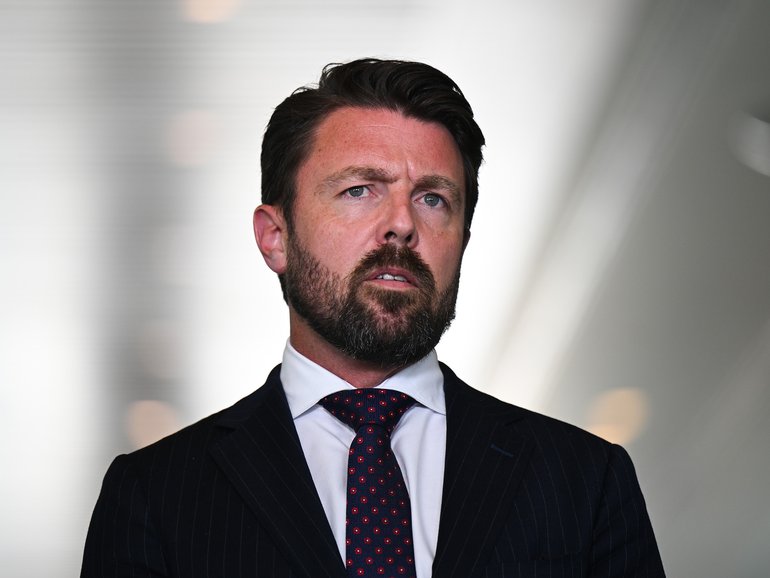 Shadow Home Affairs Minister Jonno Duniam speaks to the media during a press conference at Parliament House in Canberra, Monday, January 12, 2026. (AAP Image/Lukas Coch) NO ARCHIVING