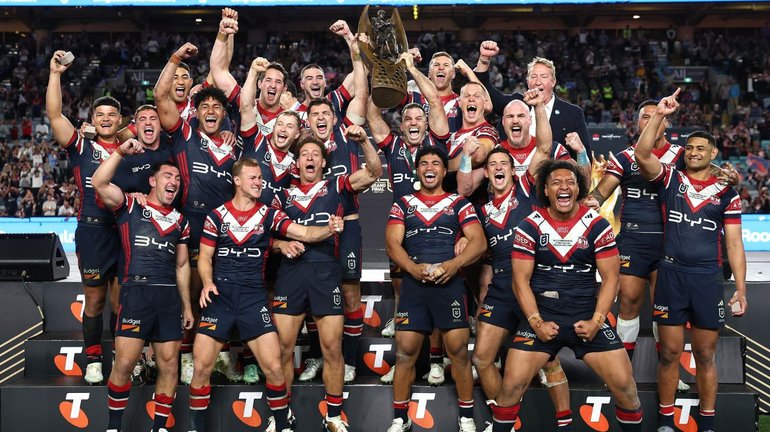 Roosters celebrate the NRL premiership. 