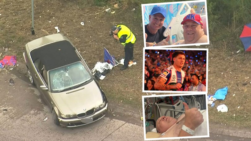 A Newcastle Knights fan has spoken from his hospital bed after a P-Plater allegedly ploughed into supporters gathered to farewell the NRL team ahead of the grand final.
